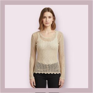 Croquet Club Silk Crochet Beige Long Sleeve Top